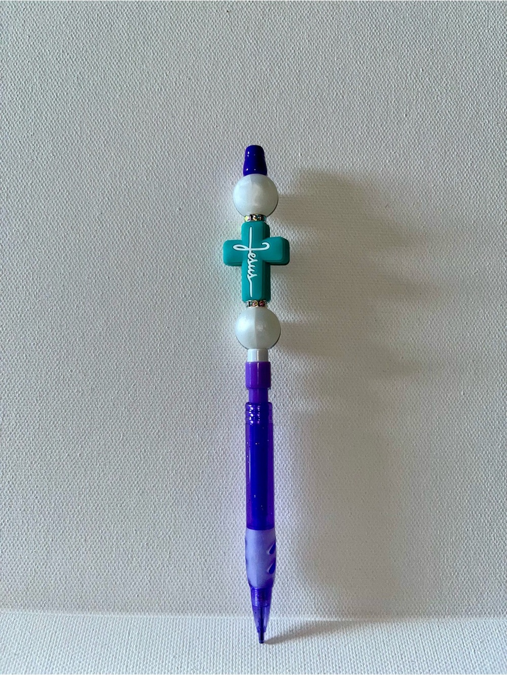 Purple Mechanical Pencil w/Turquoise “Jesus” Cross & Pearl & Rhinestone Accents